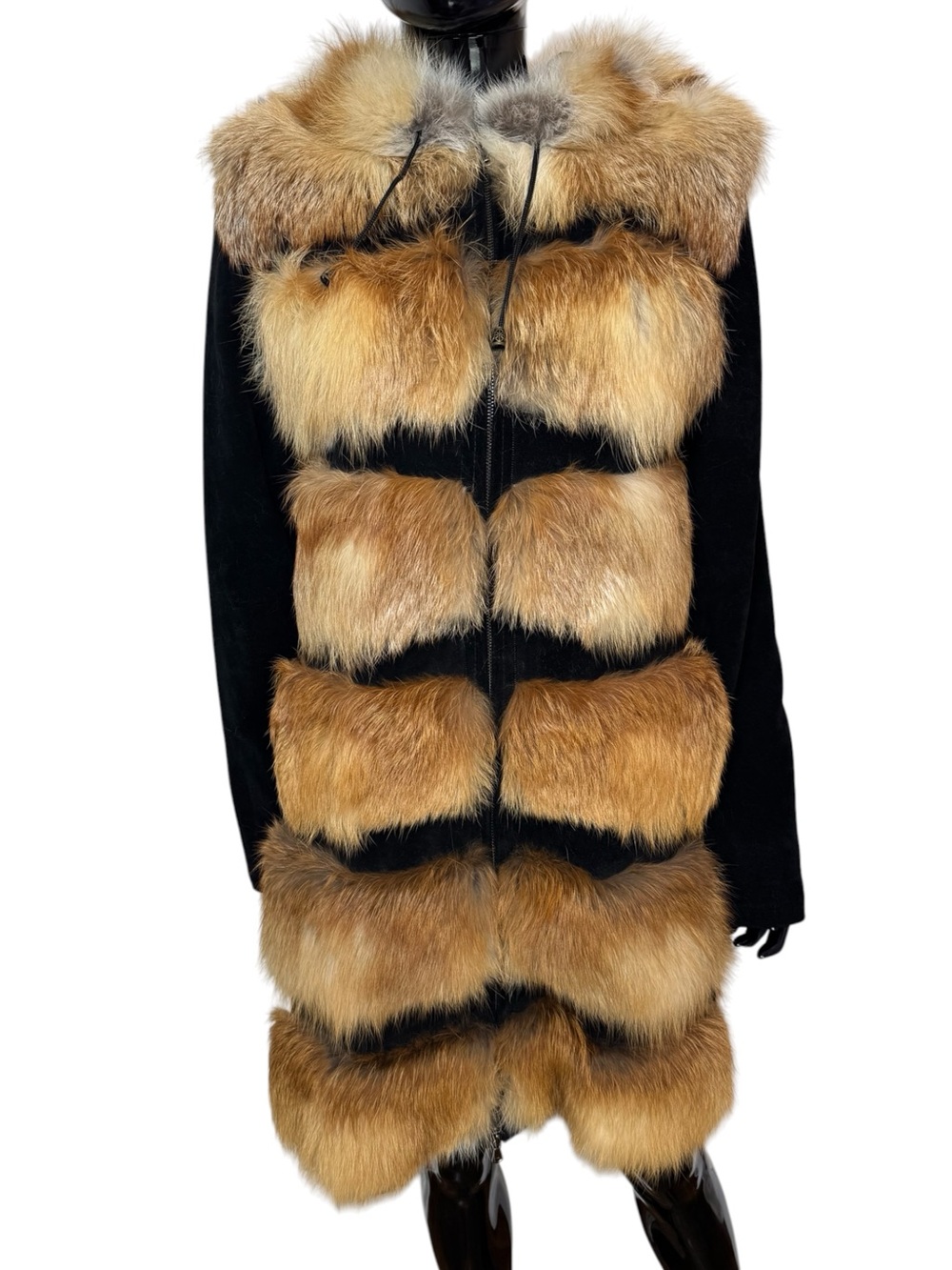 Red Fox Fur & Black Suede Hooded Coat Full Zip Luxury Women’s Jacket